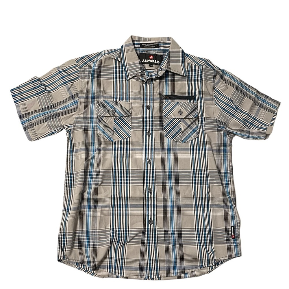 AIRWALK Boys Shirt Plaid Short Sleeve Blue Gray Button up Size 14-16, New